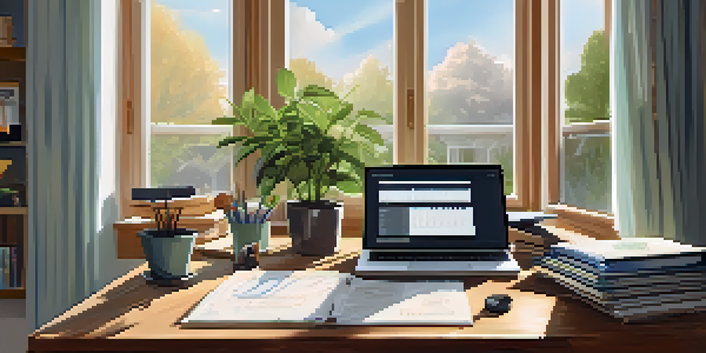 A bright and organized home office with a laptop and financial documents on a desk, surrounded by natural light and a potted plant.