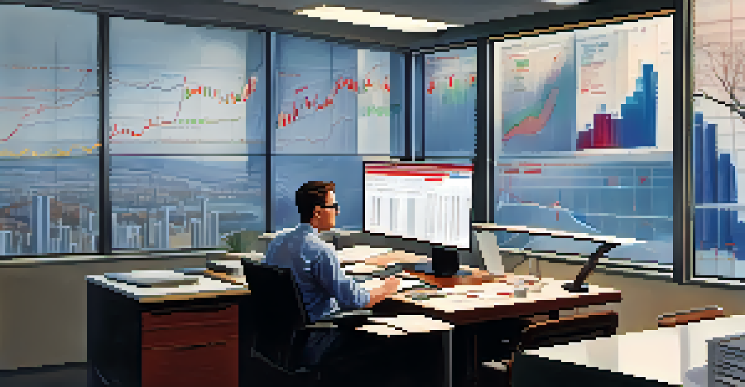 A financial analyst in an office looking at computer screens with graphs showing rising inflation rates.