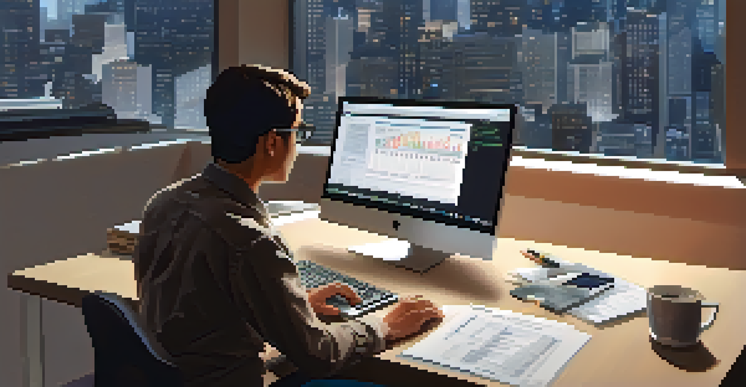 A focused individual working on tax software at a desk with a computer, notepad, and calculator.