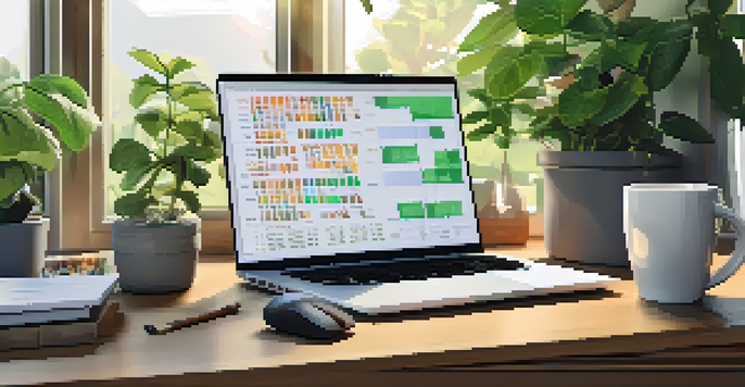 A modern workspace with a laptop showing cryptocurrency charts, a notepad with tax calculations, and a cup of coffee in natural light, with green plants in the background.