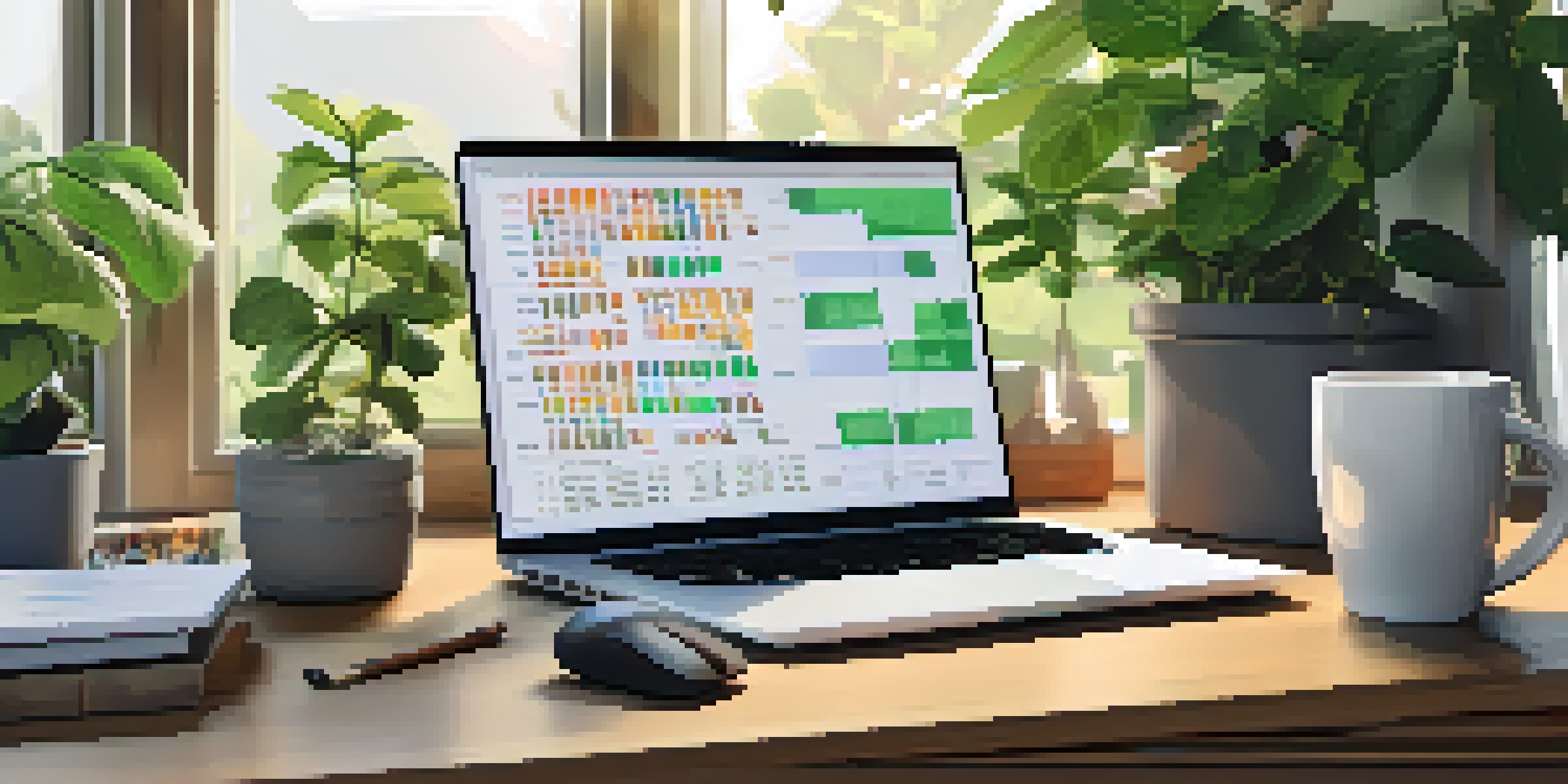 A modern workspace with a laptop showing cryptocurrency charts, a notepad with tax calculations, and a cup of coffee in natural light, with green plants in the background.