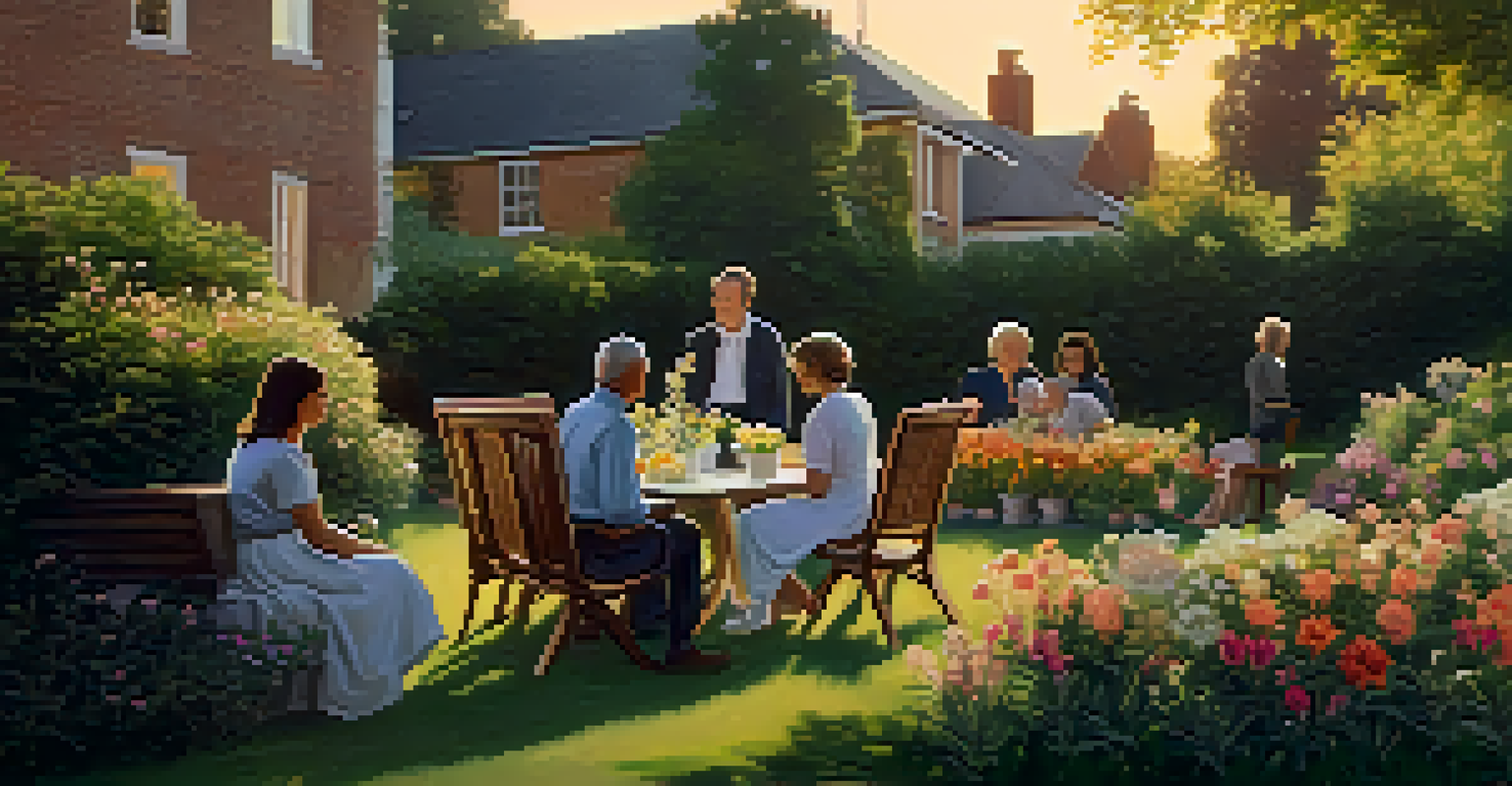A family gathered in a garden at sunset, discussing estate matters amidst blooming flowers.