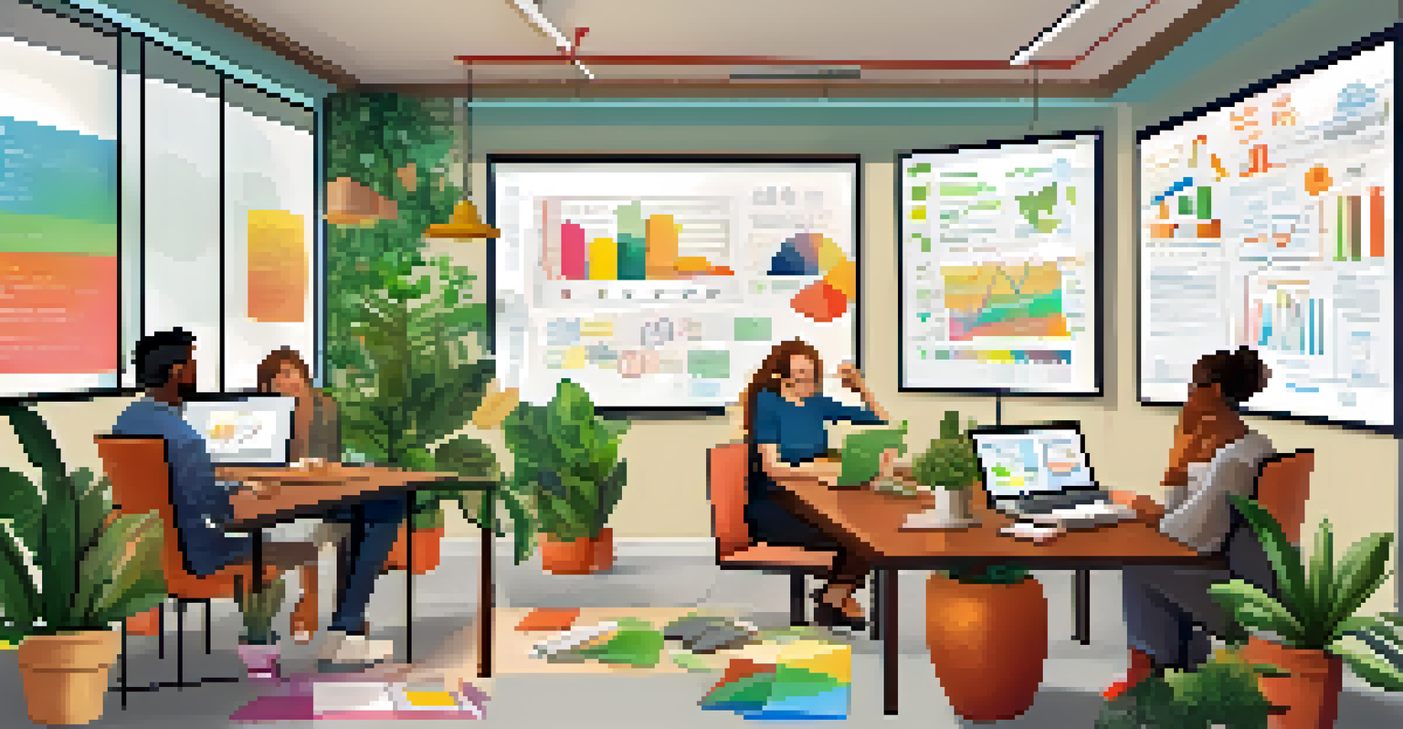 A small startup team brainstorming in a cozy workspace filled with plants and colorful artwork, focused on business expansion.