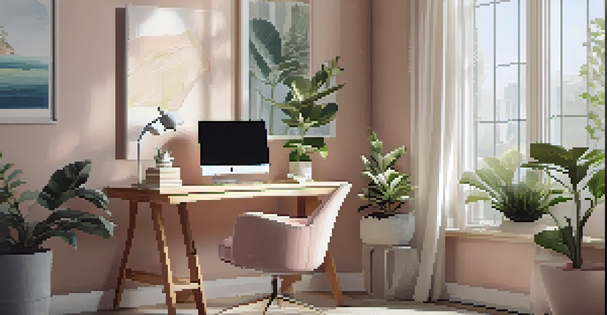 A cozy home office with a modern desk, laptop, and vibrant potted plants, bathed in soft natural light.
