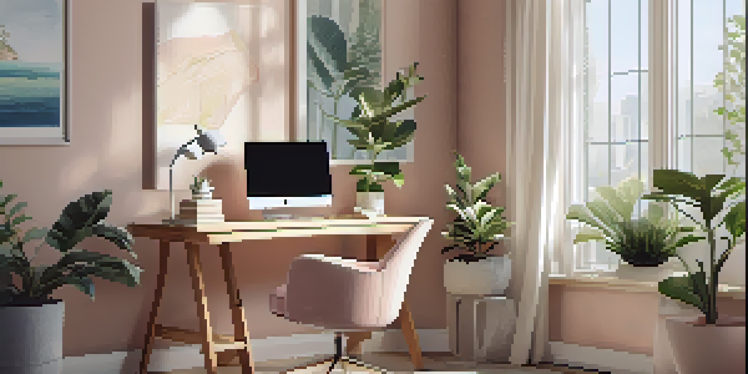 A cozy home office with a modern desk, laptop, and vibrant potted plants, bathed in soft natural light.
