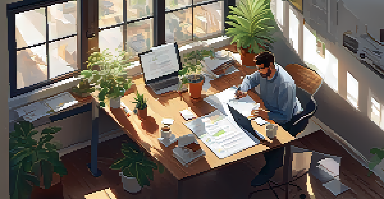 Two business partners collaborating at a desk with a laptop and notepad, surrounded by charts and a potted plant.