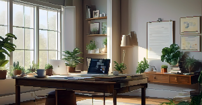 A cozy home office with a wooden desk, open laptop, coffee cup, and houseplants, illuminated by natural light.
