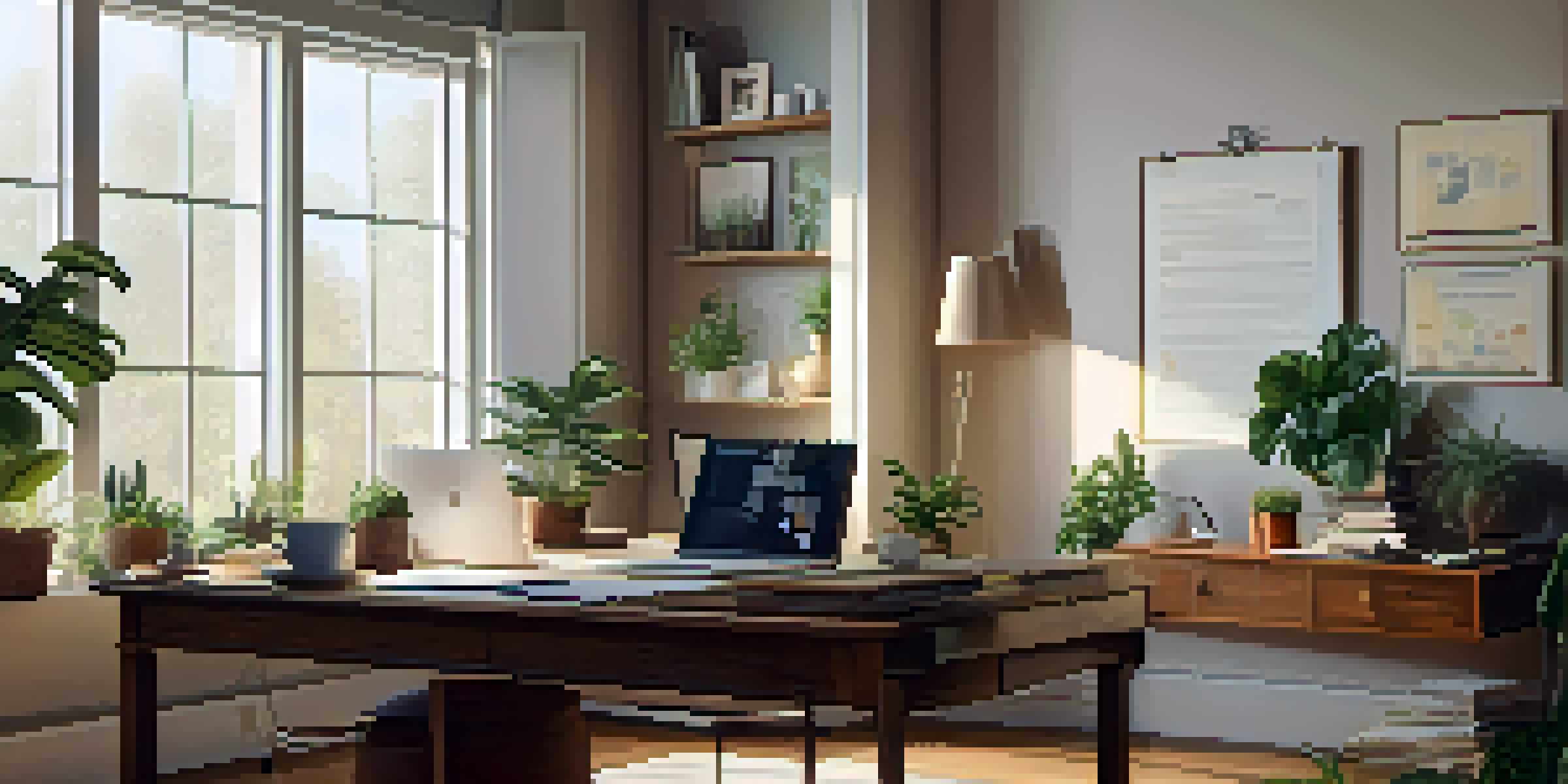 A cozy home office with a wooden desk, open laptop, coffee cup, and houseplants, illuminated by natural light.