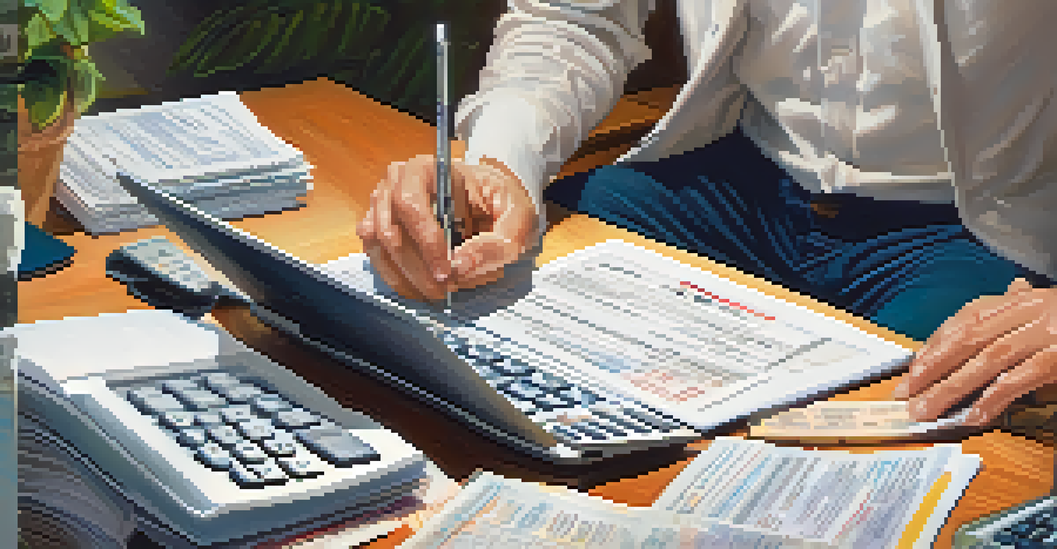 A close-up of hands typing on a laptop surrounded by tax documents, receipts, and a calculator.