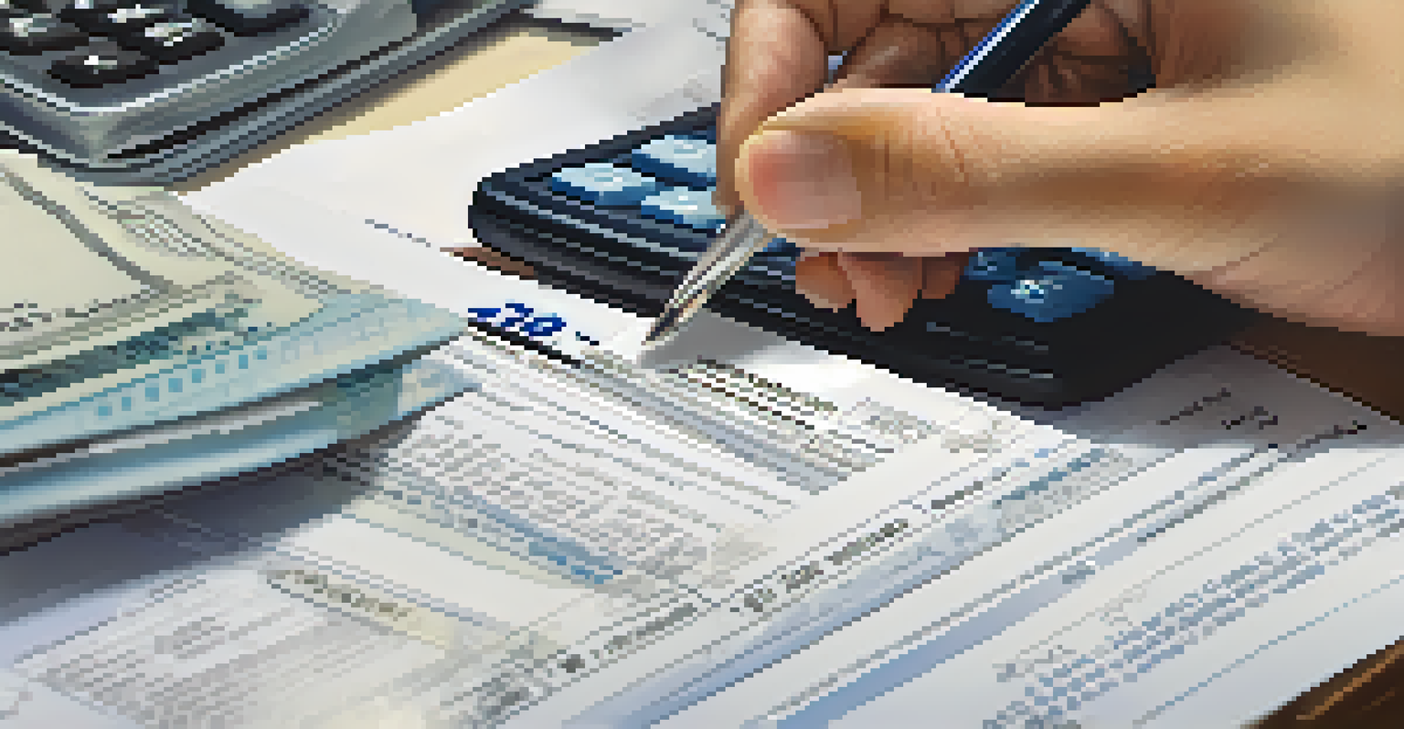 A close-up of a hand holding a 1099 tax form next to a calculator and pen on a desk.