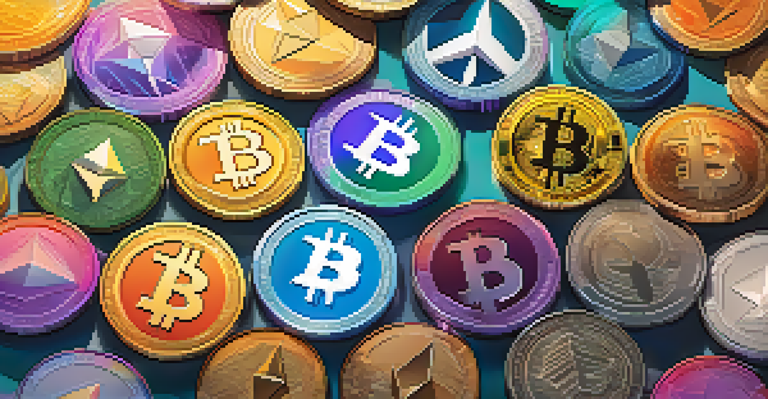 An illustration of different cryptocurrencies arranged in a circle with vibrant colors on a gradient background.