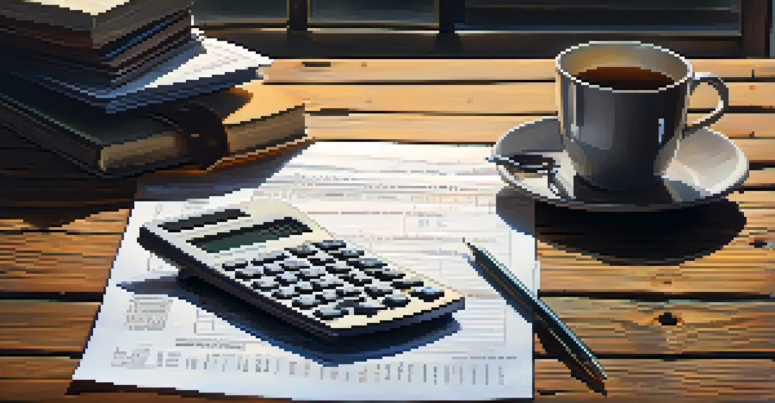 A close-up of a calculator and financial documents on a wooden table, with a cup of coffee, under soft morning light.