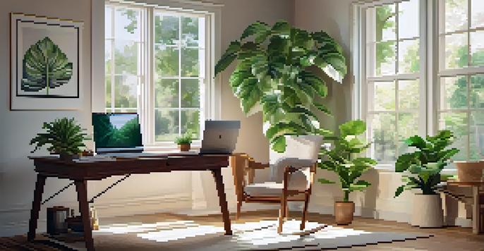 A cozy home office with a wooden desk, laptop, potted plant, and natural light from a large window.