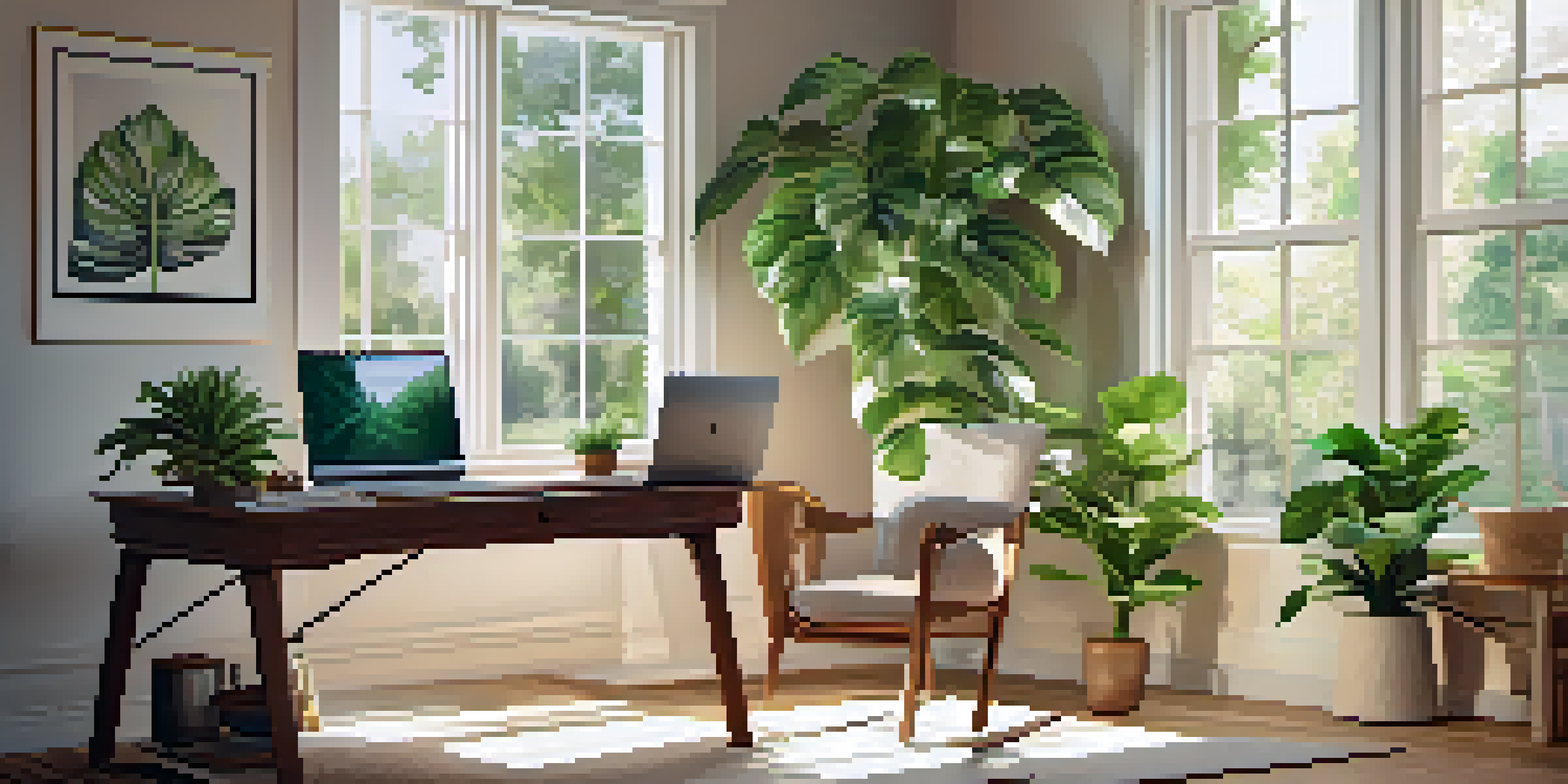 A cozy home office with a wooden desk, laptop, potted plant, and natural light from a large window.