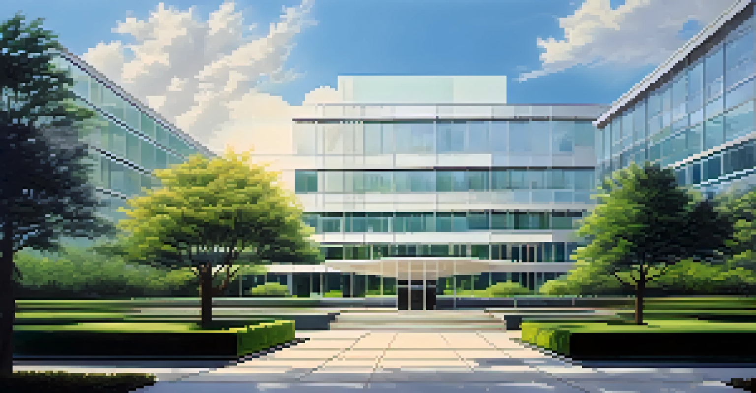 A modern corporate building surrounded by greenery, representing a subsidiary structure in a serene landscape.