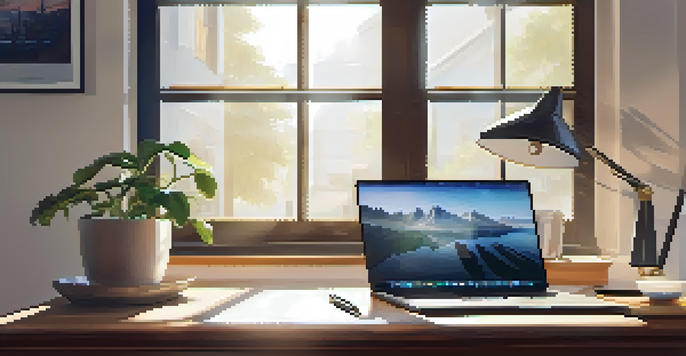A calm office setting with a wooden desk, laptop, plant, and coffee cup, illuminated by sunlight through a window.