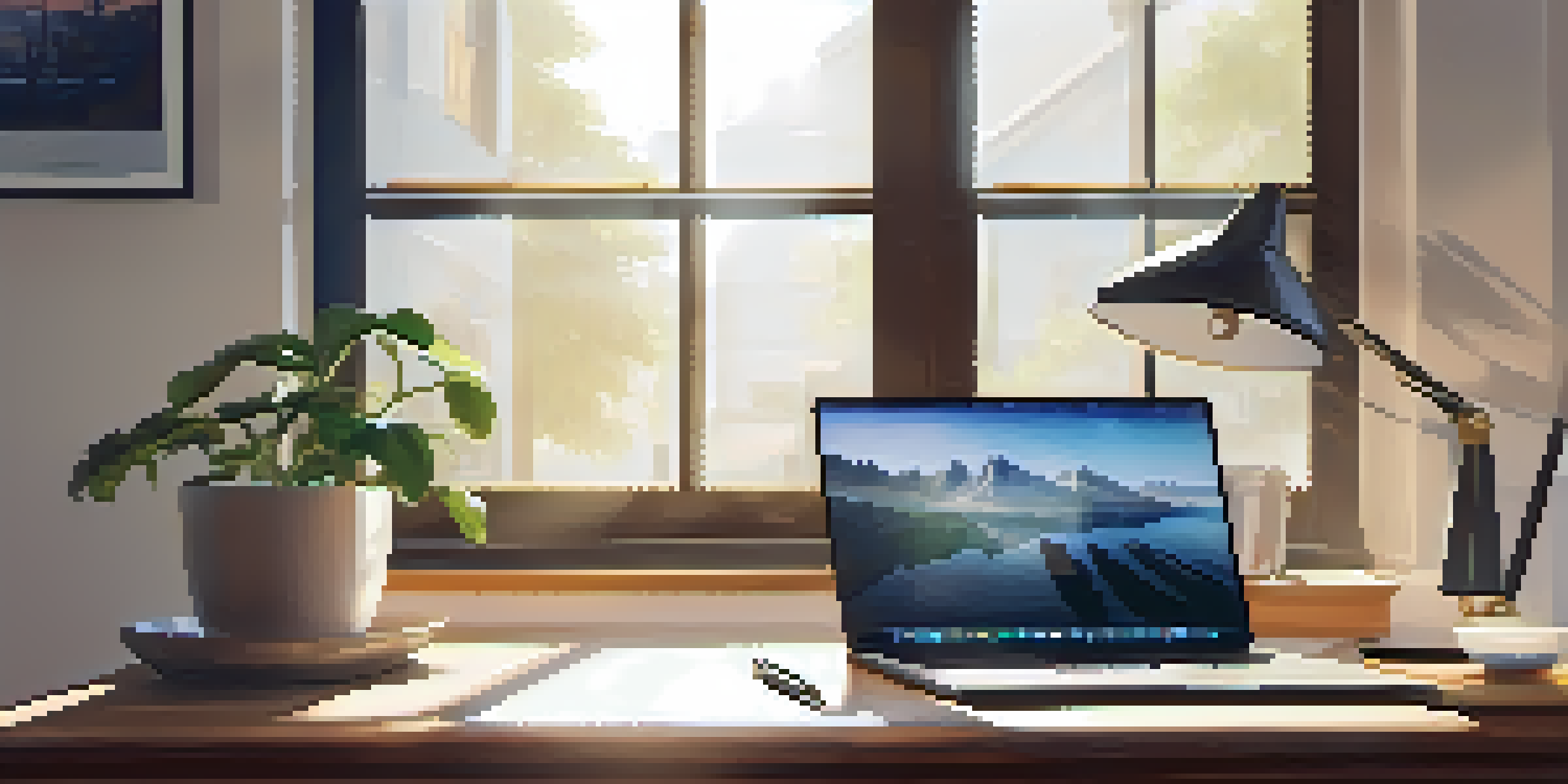 A calm office setting with a wooden desk, laptop, plant, and coffee cup, illuminated by sunlight through a window.