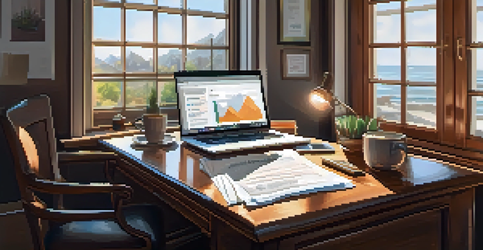A warm and inviting home office featuring a wooden desk with a laptop, financial documents, and a coffee mug, bathed in soft natural light.