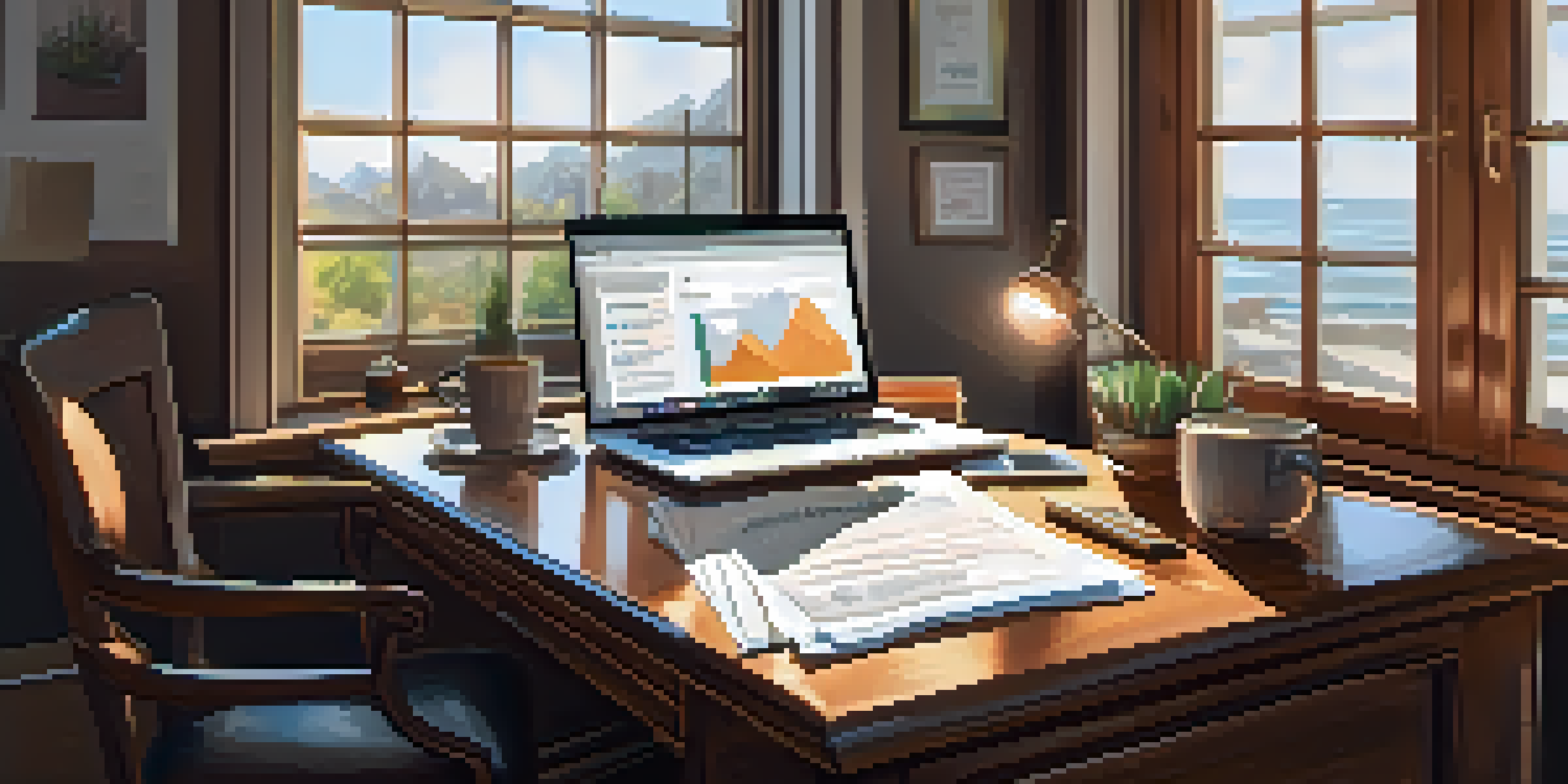 A warm and inviting home office featuring a wooden desk with a laptop, financial documents, and a coffee mug, bathed in soft natural light.