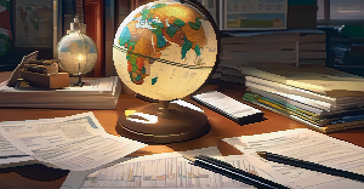 A globe surrounded by financial documents and a calculator, illuminated by a warm desk lamp.