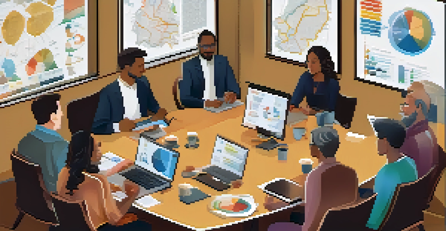 A diverse group of people in a community center discussing taxation and investment with charts on the walls.