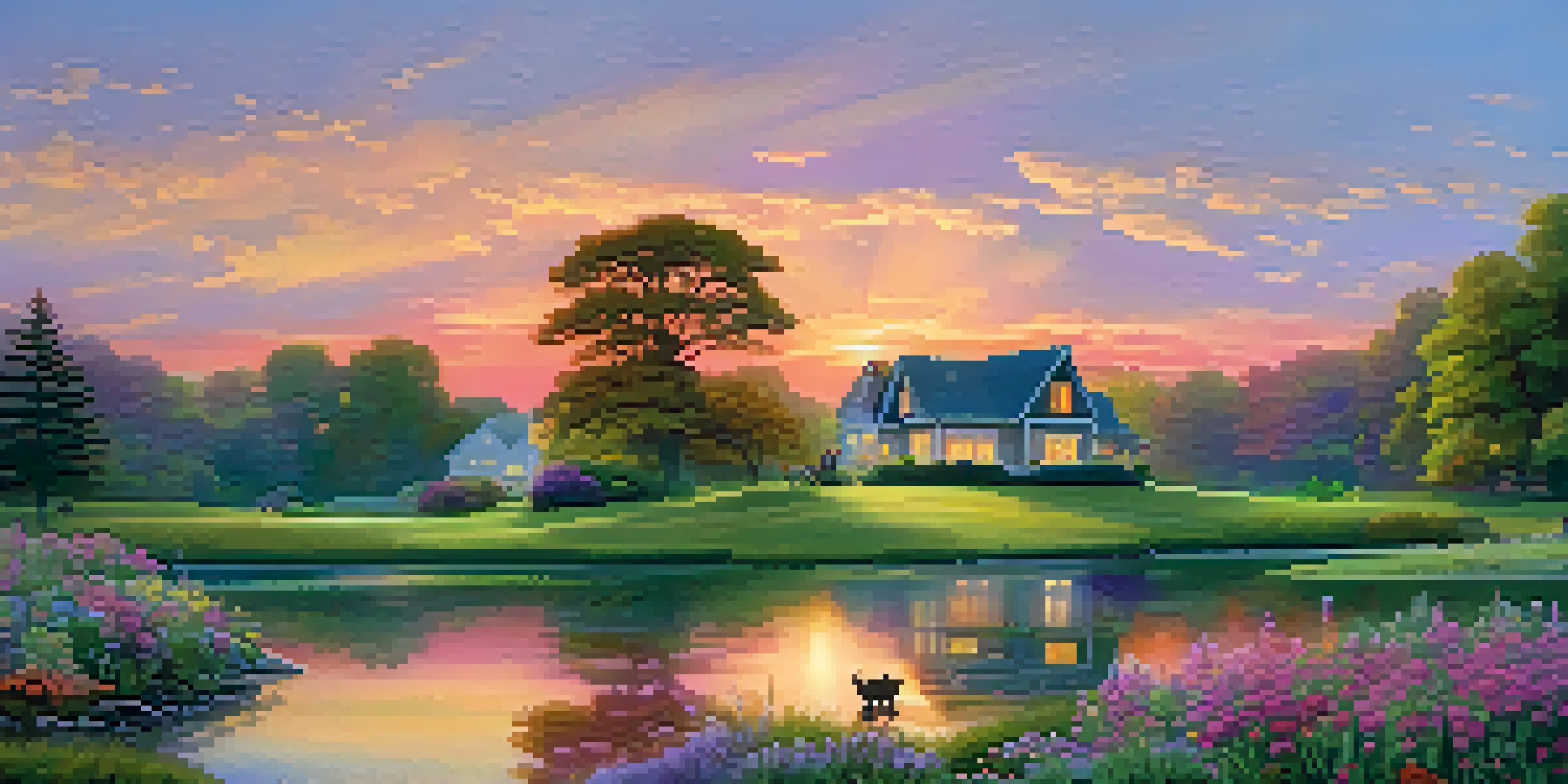 A sunset over a green estate featuring a cottage and a pond, with deer grazing and wildflowers in the foreground.