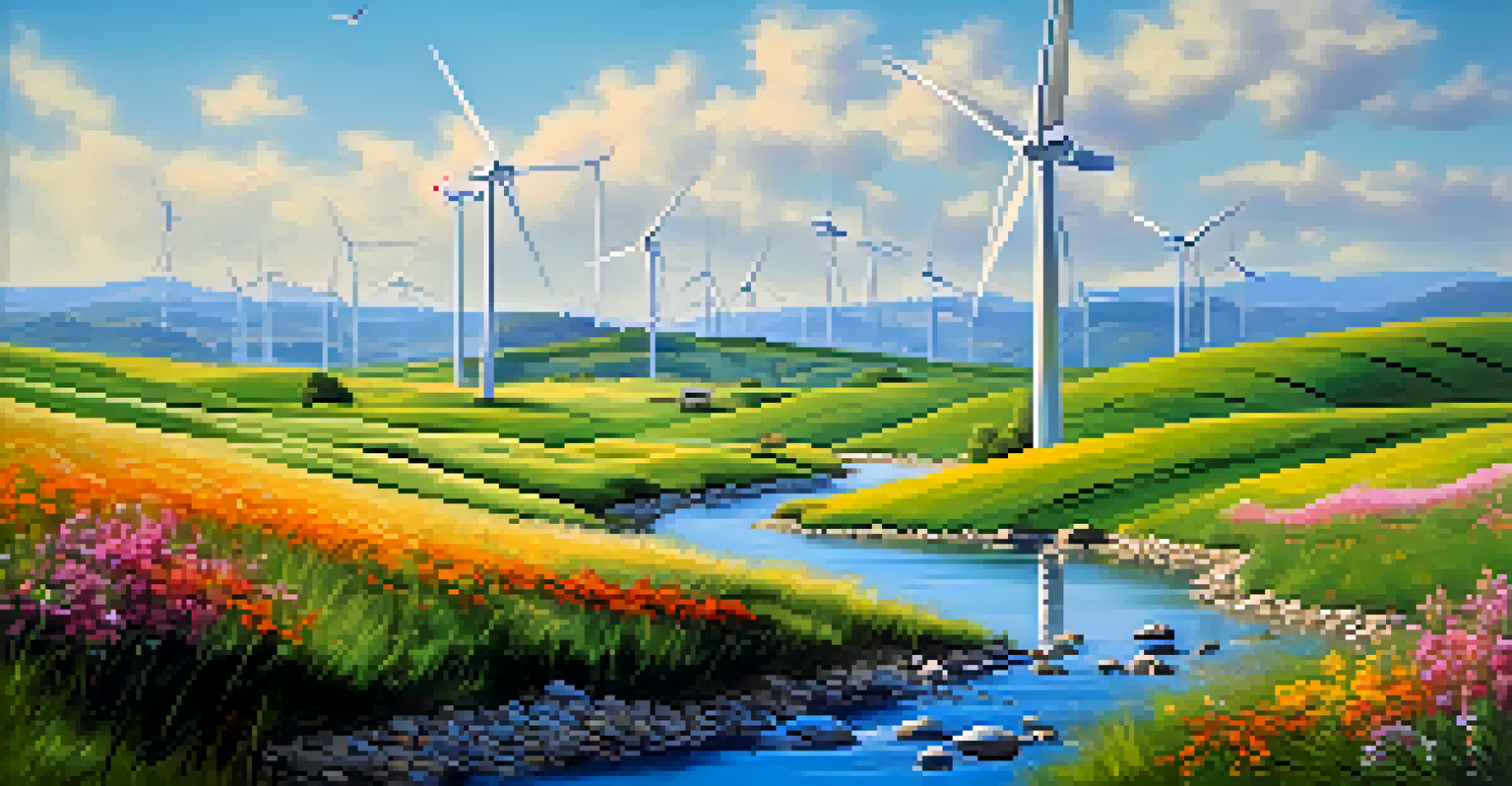 A peaceful landscape with a modern wind farm on green hills, clear blue sky, and a stream reflecting sunlight.