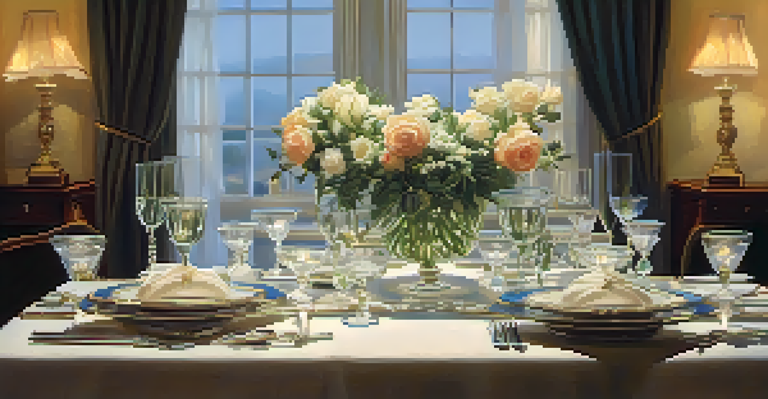 A beautifully set dining table with fine china, crystal glasses, and a floral centerpiece, illuminated by candlelight.