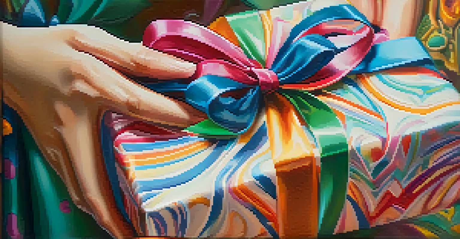 A close-up of a hand holding a wrapped gift with a colorful bow against a softly blurred background.