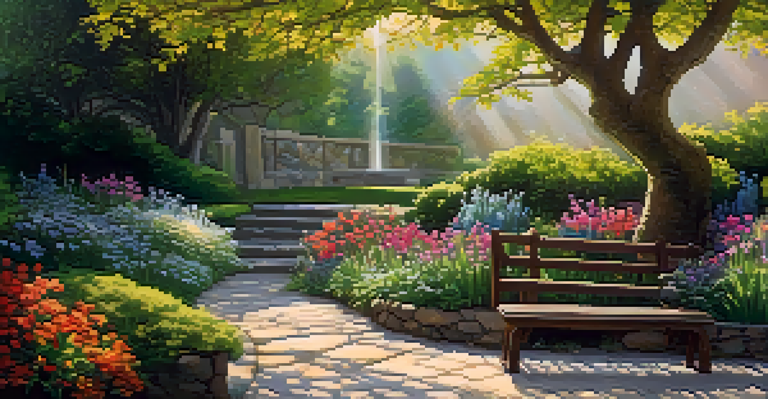 A colorful garden with blooming flowers, a bench under a tree, and a stone path, bathed in sunlight.