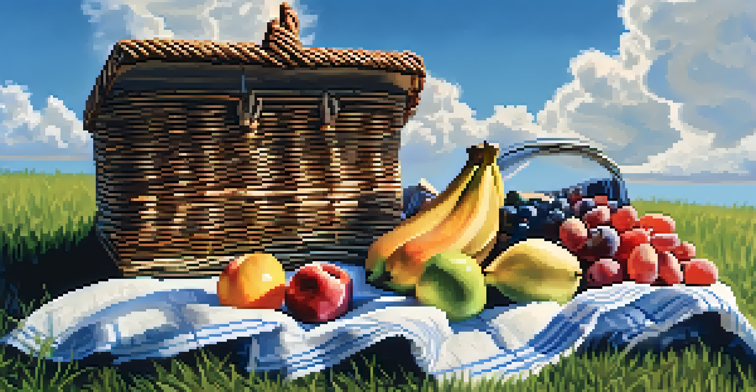 An outdoor picnic setup with a blanket, fruit basket, and notepad on grass under a clear blue sky with clouds.