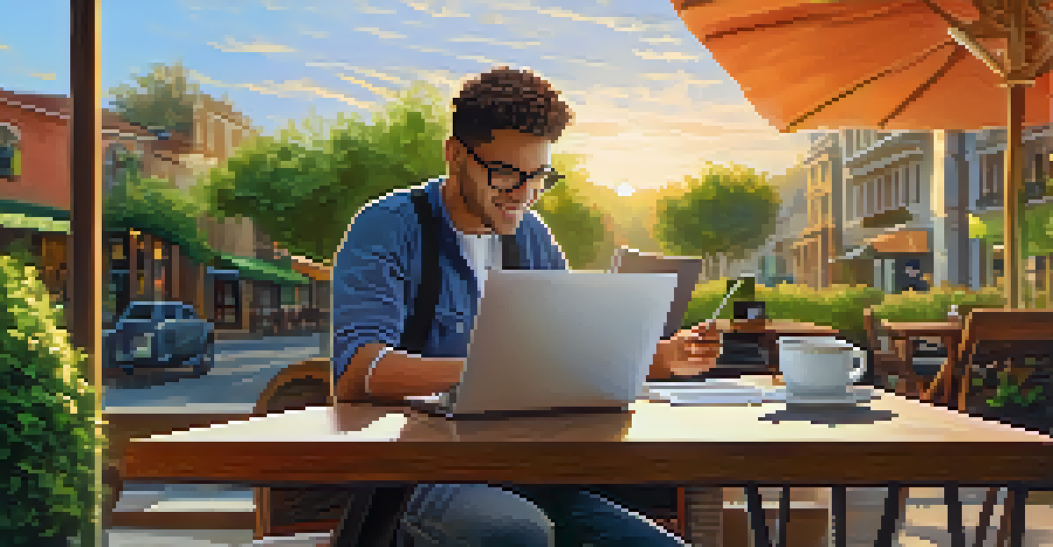 A person working on a laptop at a cafe table, with a notepad and coffee, surrounded by greenery and a sunset in the background.