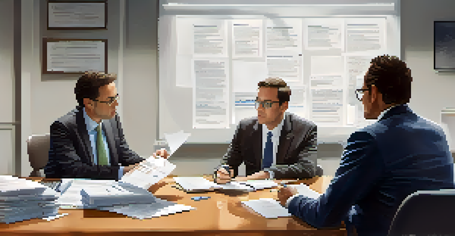 A tax advisor and client engaging in a meeting over tax documents, with a whiteboard in the background outlining important tax information.