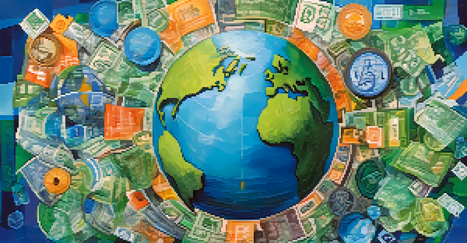 An abstract illustration of a globe with currency icons and tax symbols representing global VAT regulations, in vibrant colors.