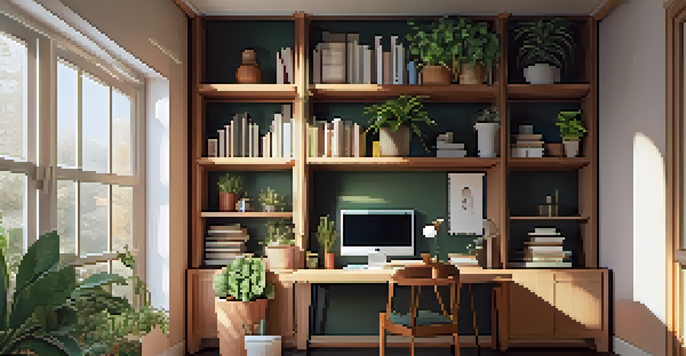 A cozy home office with a wooden desk, laptop, houseplants, and warm lighting.