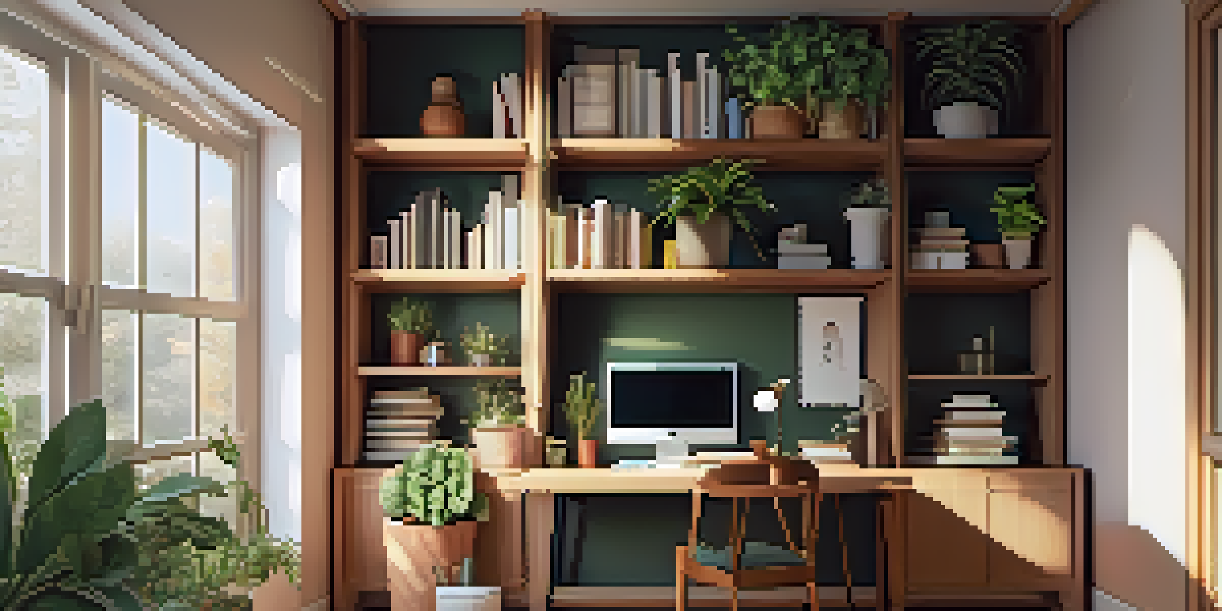 A cozy home office with a wooden desk, laptop, houseplants, and warm lighting.
