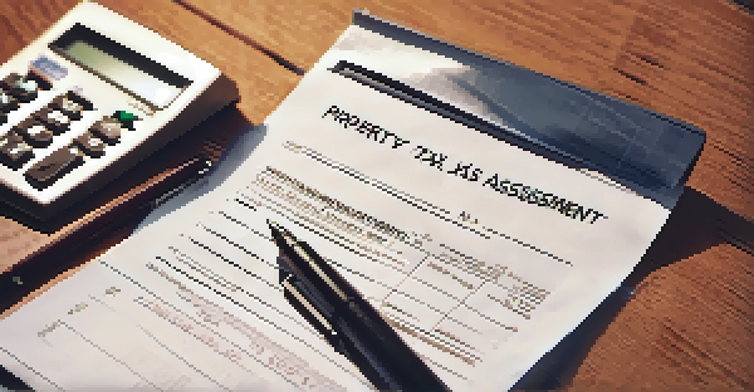 A property tax assessment notice on a desk with a calculator and notepad, illuminated by soft natural light.