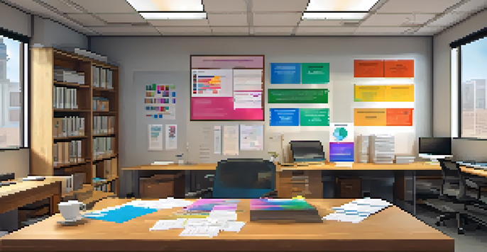 An organized nonprofit office with a wooden desk, stacked paperwork, colorful financial charts, and a computer screen showing donor management software, with natural light coming through the window.