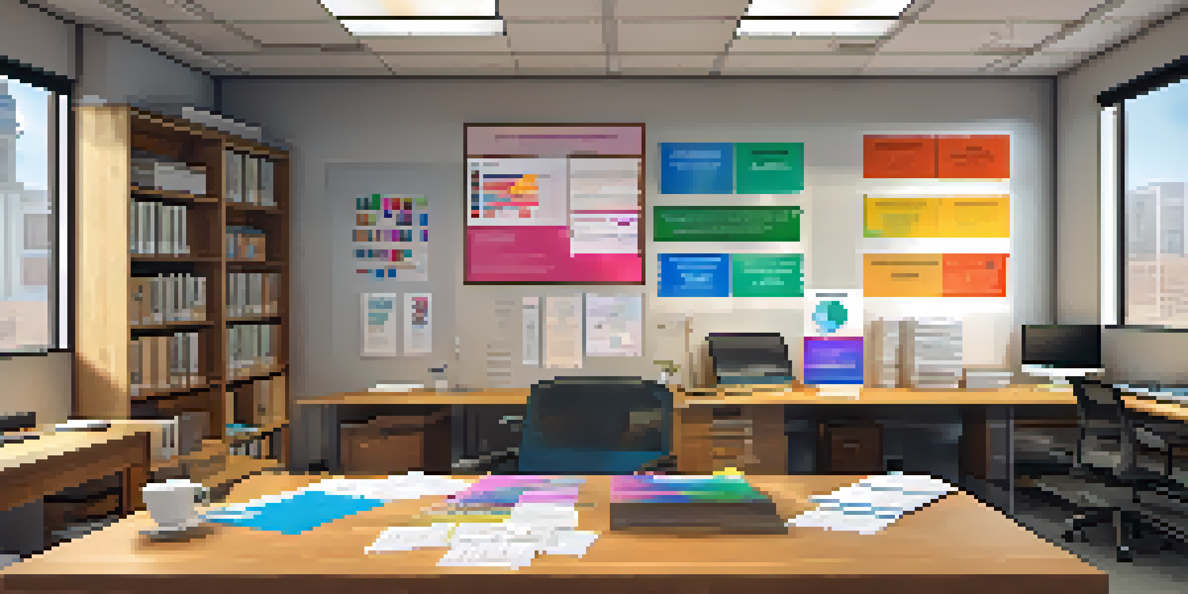 An organized nonprofit office with a wooden desk, stacked paperwork, colorful financial charts, and a computer screen showing donor management software, with natural light coming through the window.