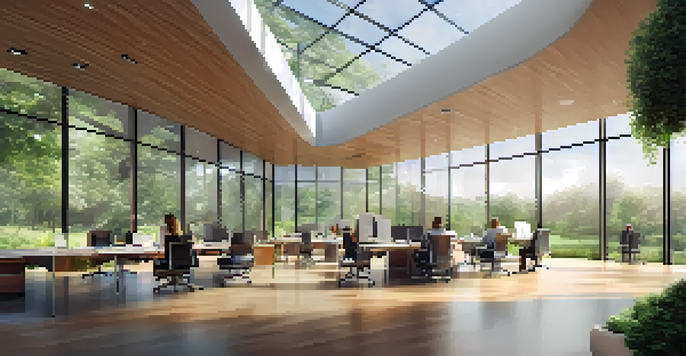 A modern real estate office with a glass facade, featuring professionals discussing tax planning around a conference table.