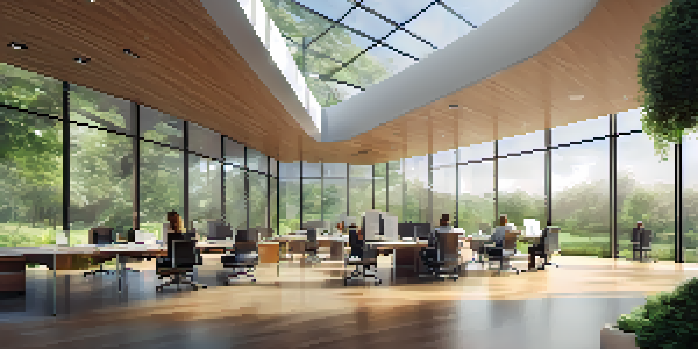 A modern real estate office with a glass facade, featuring professionals discussing tax planning around a conference table.