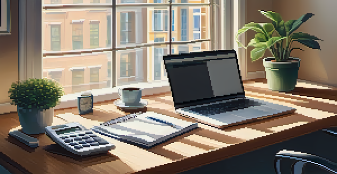 An organized office desk with a laptop, tax documents, a coffee cup, and a potted plant, illuminated by soft morning light.