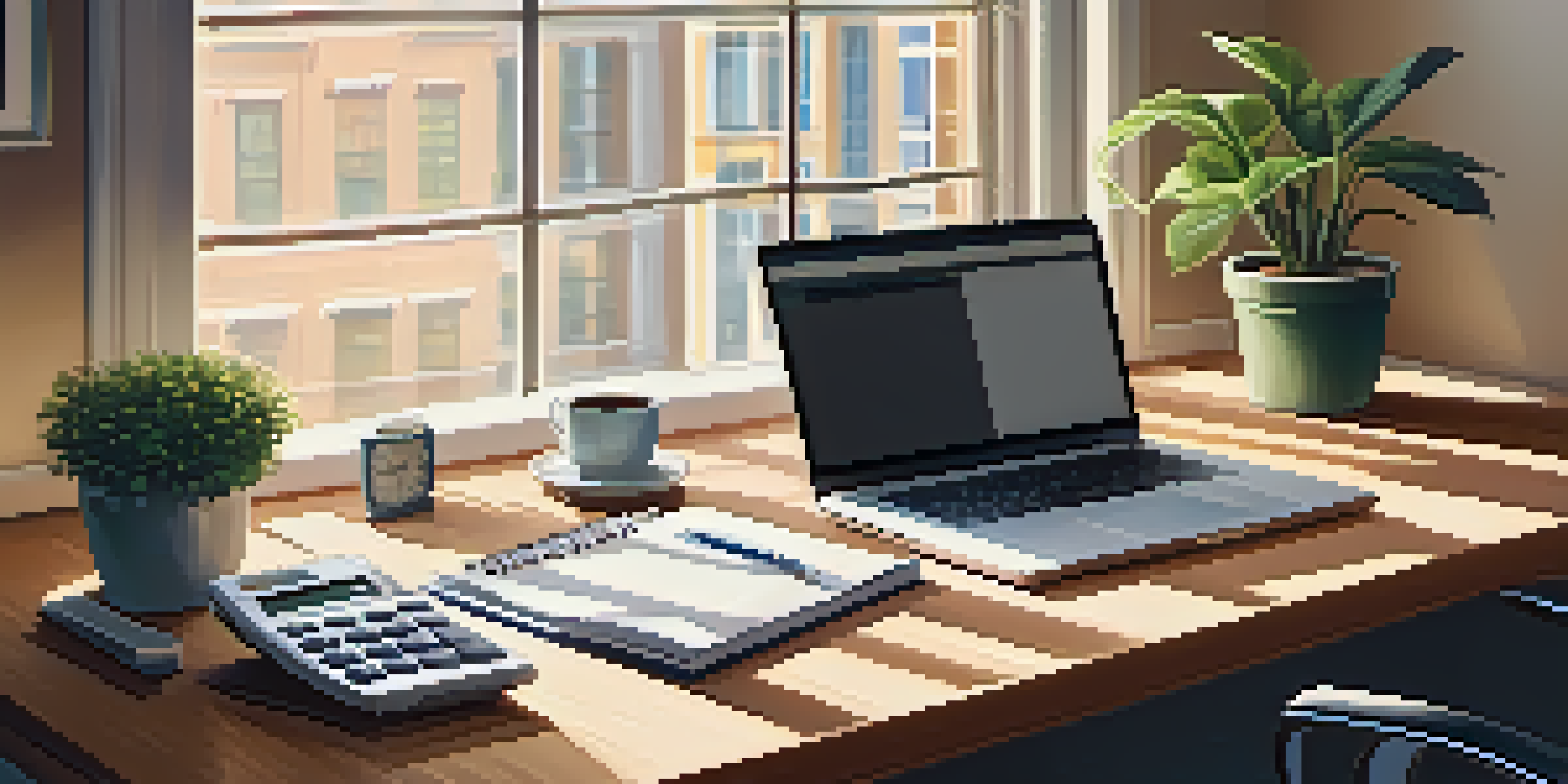 An organized office desk with a laptop, tax documents, a coffee cup, and a potted plant, illuminated by soft morning light.
