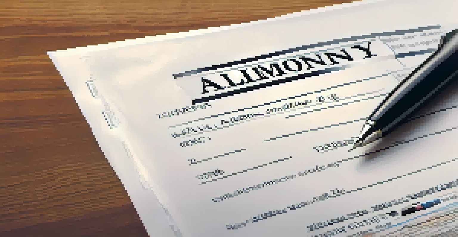 A close-up of a legal document titled 'ALIMONY' with a pen and calculator on a wooden table.