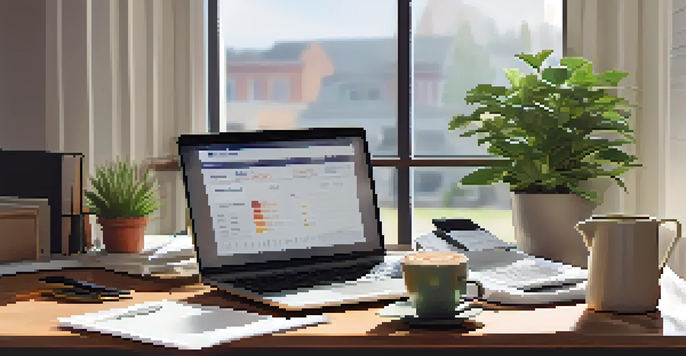 An organized office desk with a laptop showing a retirement account dashboard, a potted plant, and a coffee cup, illuminated by soft natural light.