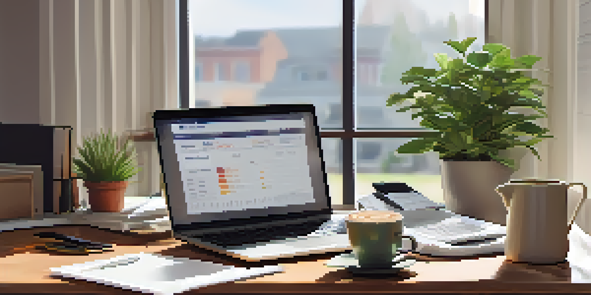 An organized office desk with a laptop showing a retirement account dashboard, a potted plant, and a coffee cup, illuminated by soft natural light.