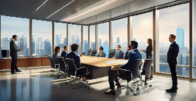 A diverse group of business professionals in a modern conference room, discussing with charts and graphs displayed on a screen.