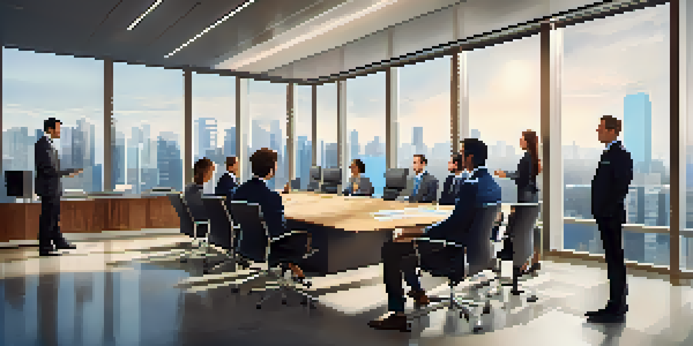A diverse group of business professionals in a modern conference room, discussing with charts and graphs displayed on a screen.