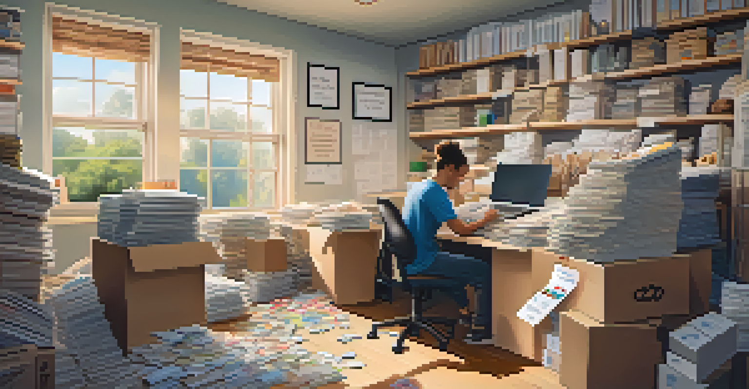A person organizing receipts and donation records in a bright workspace, with boxes of donations around them.