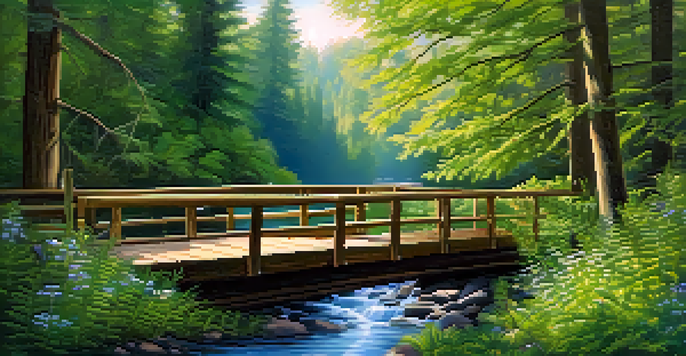 A tranquil forest landscape with sunlight filtering through the leaves, a winding stream, vibrant ferns, and a wooden bridge.